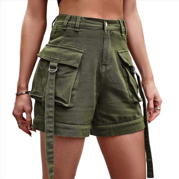 Shorts Vaqueros Cargo para Mujer - Shorts Casuales de Verano Vintage con Botones y Cremallera Verde M