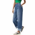 thumbnail image 1 of Jeans à Jambe Grand pour Femmes Taille Haute Extensibles à Revers Pantalon en Denim Ample Bleu Foncé L, 1 of 10