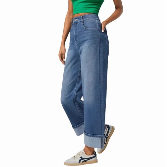 Jeans à Jambe Grand pour Femmes Taille Haute Extensibles à Revers Pantalon en Denim Ample Bleu Foncé L
