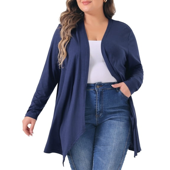 DARING DIVA Plus Size Long Sleeve Open Front Lightweight Cardigan 1X Dark Blue