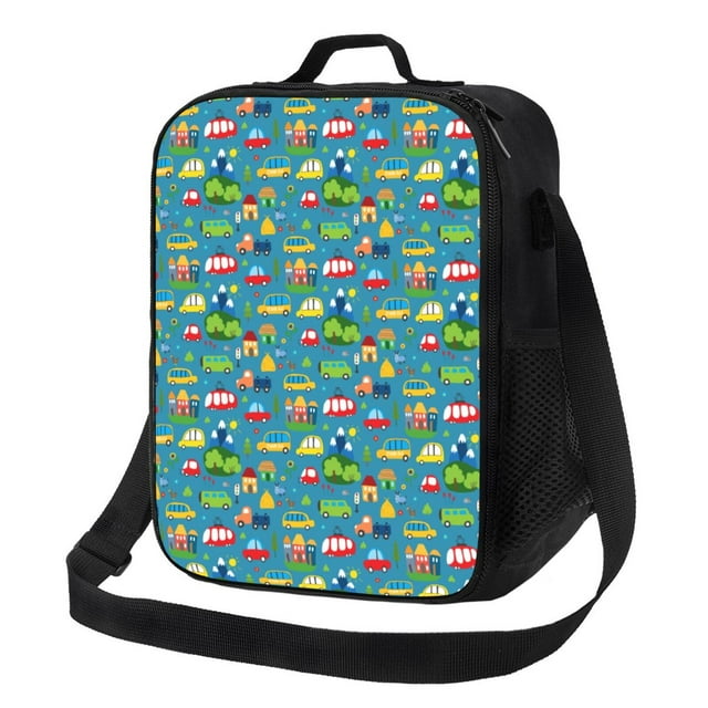 Easygdp Cars Transportation Print Lunch Box Large capacity Lunch Bag Leakproof Cooler Tote Bag Organizer with Adjustable Shoulder Strap
