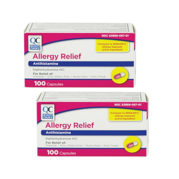 2 Pack - Quality Choice Allergy Relief Antihistamine Medicine 100 Capsules Each