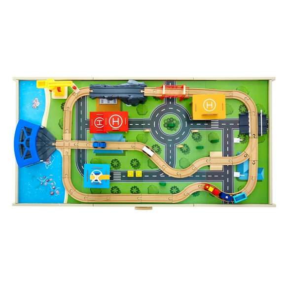KFFKFF Train Table, 62 Multicolor Pieces Wooden Kids Activity Table with Large Storage Drawer, 3-in-1 Wooden Train Set for Playing, Drawing, Reading, Eating