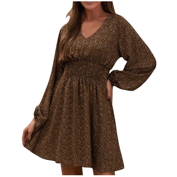 Women's Clearance Floral Boho Graphic V Neck Fall Dress Above Knee A Line Dress Long Sleeve High Waist Spring Elegant Casual Summer Workout Holiday Fashion Brown XXL