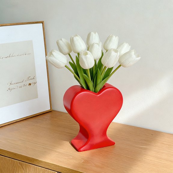 karymi 1.2 Liter Heart Shaped Vase Ornament - Red and White Resin Decorative Vase - 6.2 x 5.5 x 2.3 in - For Imitation Flower Arrangement, Home Gardening Decor, Valentine's Day Family Gifts