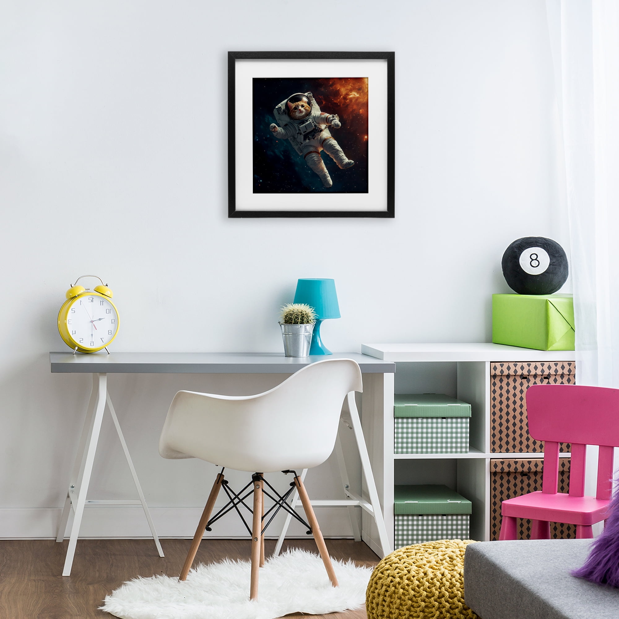 Interstellar Cat Astronaut Black Framed Print Under Glass, design by Jim Baldwin