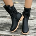thumbnail image 2 of Rokment Women's Vintage Winter Mid Calf Combat Boots with Fleece Lined Warm Side Lace up Studded Leather Work Riding Short Booties, 2 of 8