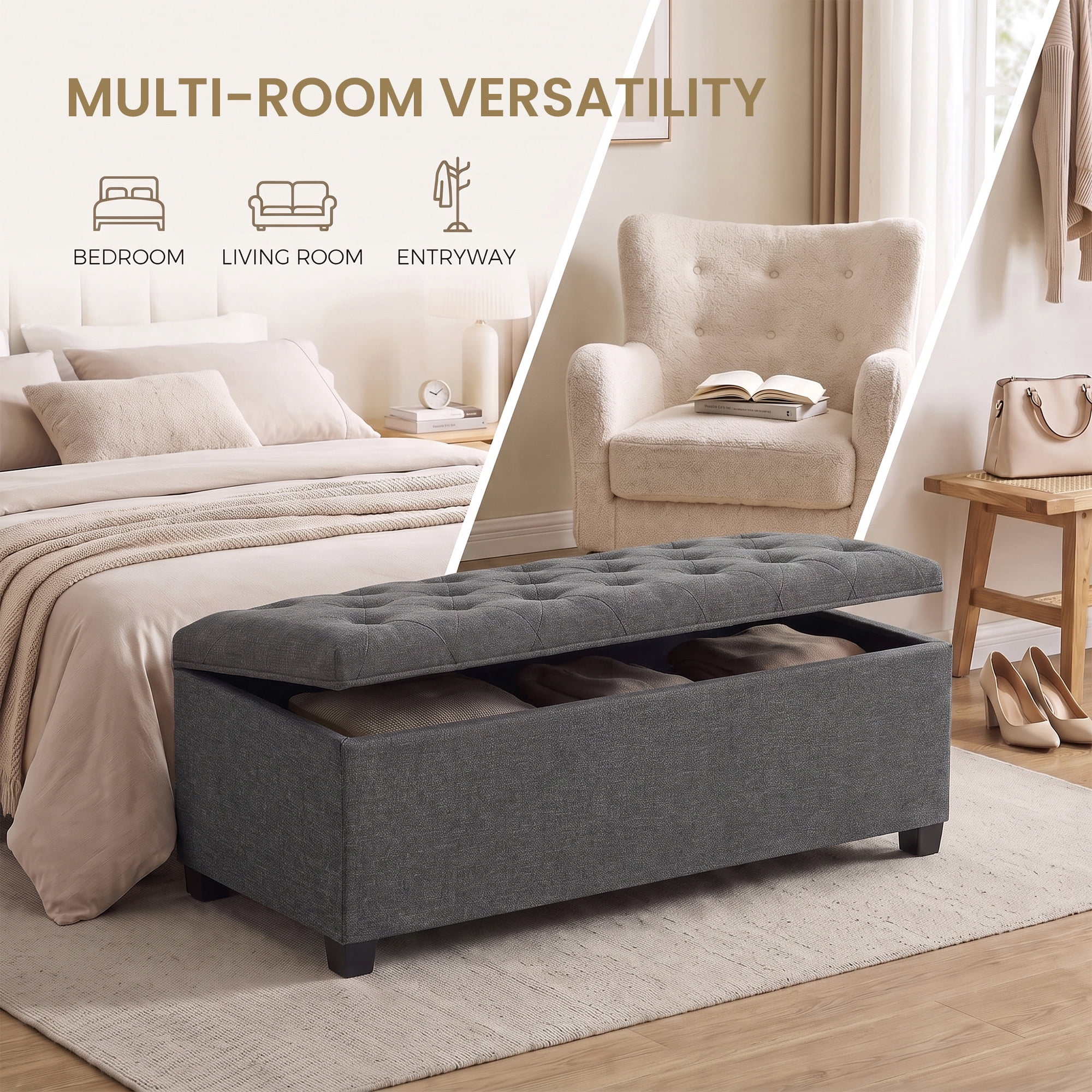 Ledrem Dark Gray Tufted Storage Ottoman Bench, 43" End of Bed Bench with Lift-Off Lid, 660lb Capacity
