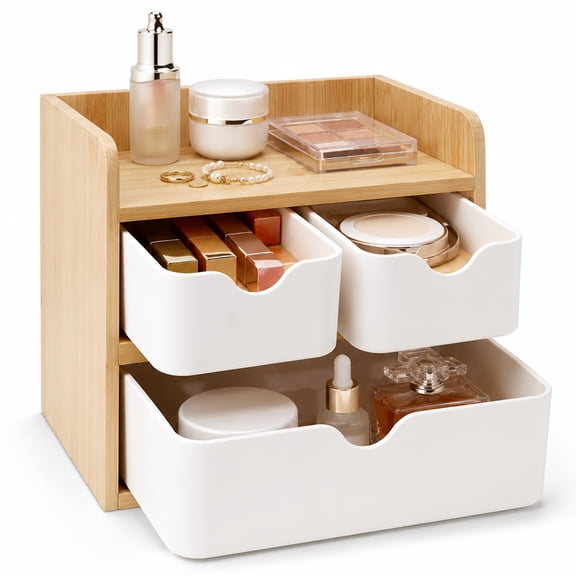 3-Tier Wooden Desk Organizer with 3 Drawers, Natural Cosmetic Storage Box, Multi-functional Jewelry Case, 7.9 x 5.4 x 7.5 in for Home & Office Desktop Organization