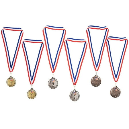 Juvale Gold Silver Bronze Medals - 2-Set 1st 2nd 3rd Metal Olympic Style Winner Awards, Perfect for Sports, Competitions, Spelling Bees, Party Favors, 2.75 Inches Diameter with 16.3 Inch USA
