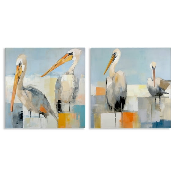 Stupell Industries Abstract Color Block Pelican Pair Animals Painting Wrapped Canvas Art Print Wall Art, 17 x 17, Set of 2