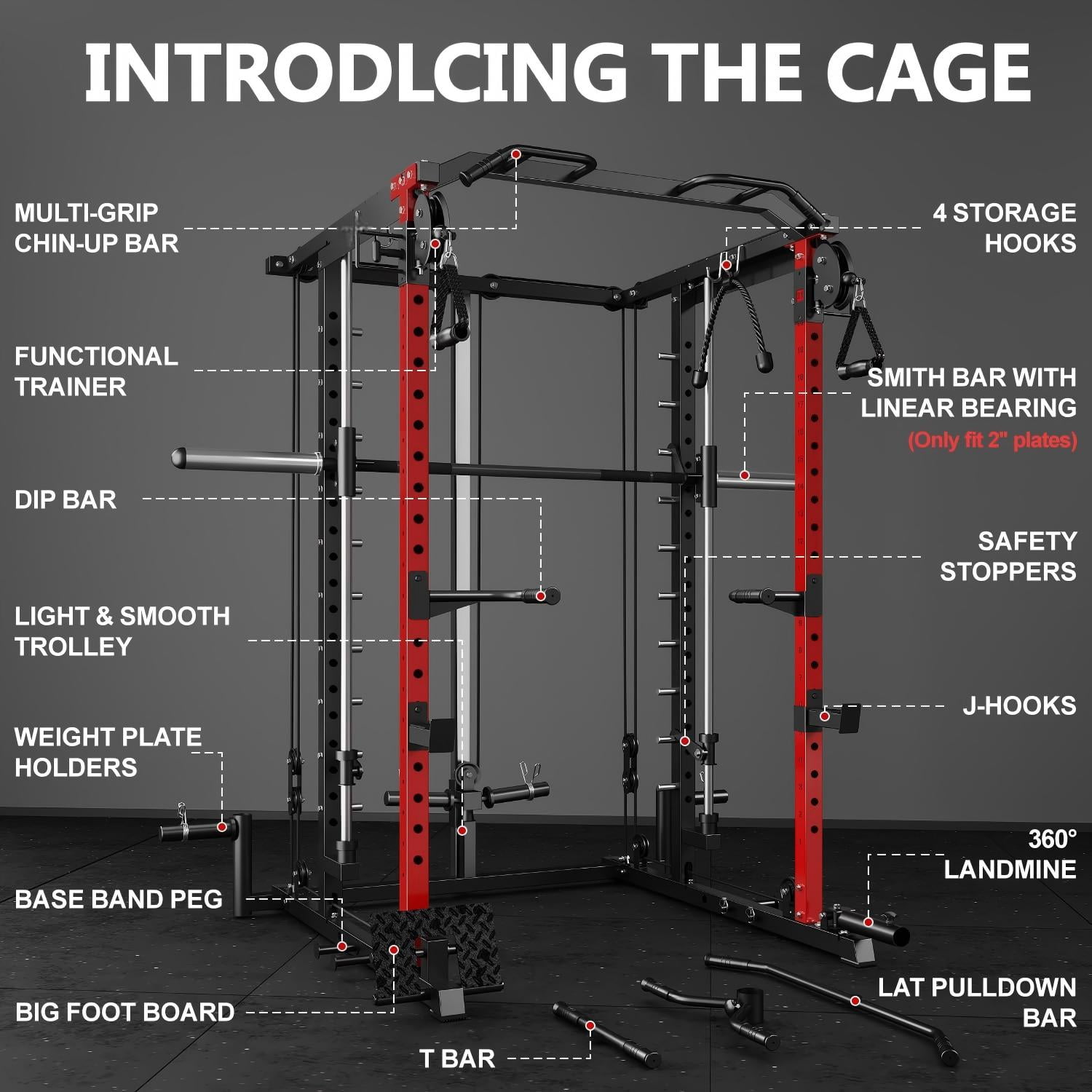 Allviate Smith Machine Power Cage, 2000LBS Capacity All-in-One Squat Rack with Cable Crossover System, Multi-Function Strength Training Equipment for Home Gym