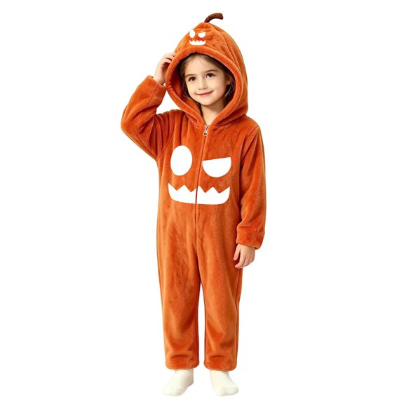 YunPes Boys Girls Onesie Halloween Funny Pumpkin Dress-Up Wear Zipper Hooded Jumpsuit Kids Fall Winter Warm Plush One Piece Clothes
