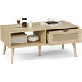 thumbnail image 7 of Coffee Table with Storage, Boho Dining Table with Rattan Drawer and Solid Wood Legs, Small Coffee Tables for Living Room, Oak, 7 of 7