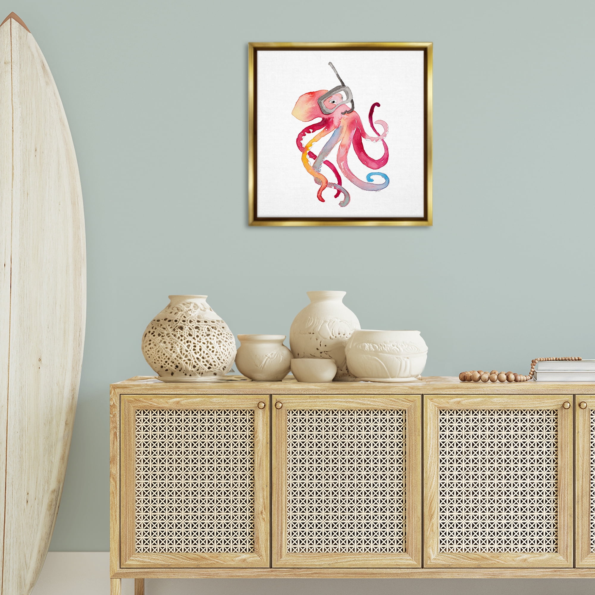 Stupell Industries Snorkel Mask Octopus Novelty Painting Gold Floater Framed Canvas Art Print Wall Art, 25 x 25