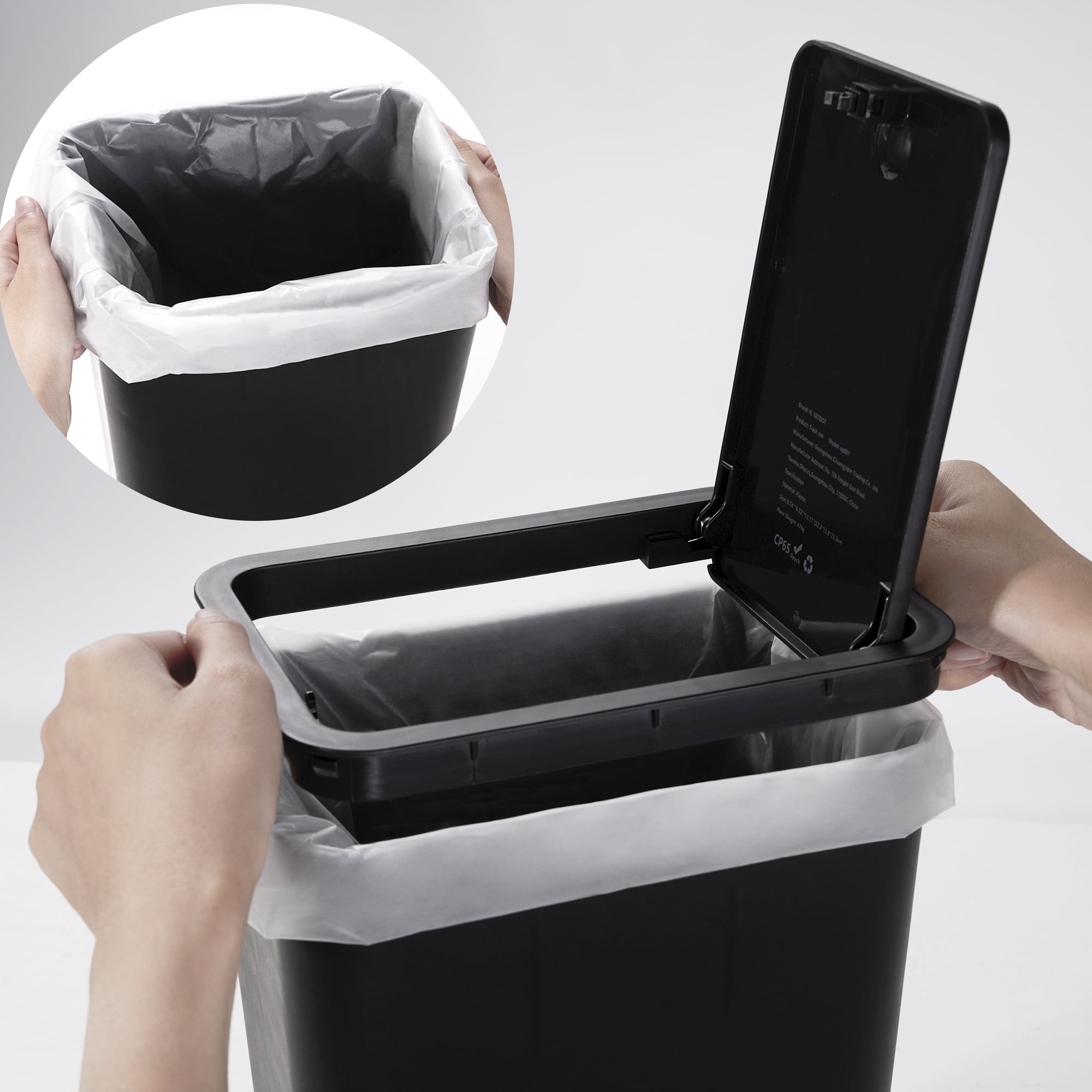 2 Pack Plastic Trash Can with Press Top Lid, 2.6 gal Modern Garbage Can, Small Wastebasket for Bathroom, Black