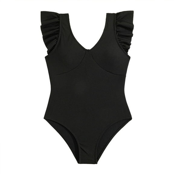 QWIED Girls Swimsuit Kids One Piece Ruffle Sleeve Black Tankini Deep V Tummy Protected Swimwear Bathing Suit Swim Suit Size 7-8