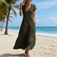 thumbnail image 6 of Women's Cotton Linen Midi Dress Summer Short Sleeve V‑Neck Asymmetrical Button Casual Dress with Side Pockets Army Green XXL(XXL), 6 of 6