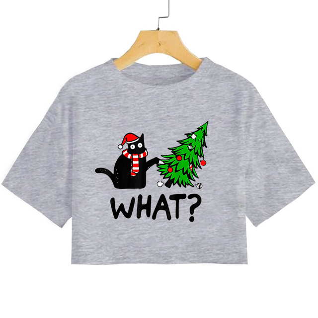 Funny Christmas Cat WHAT Short T-shirt New Fashion Women's Christmas Shirt Cute Christmas Cat Short Shirt Top
