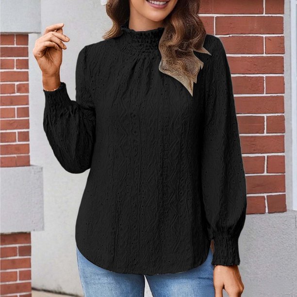 MHFRRA Camiseta de Manga Larga para Mujer, Elegante Blusa de Jacquard con Cuello Redondo y detalle de Volantes, Cómoda Blusa Informal para Uso Diario. Negro