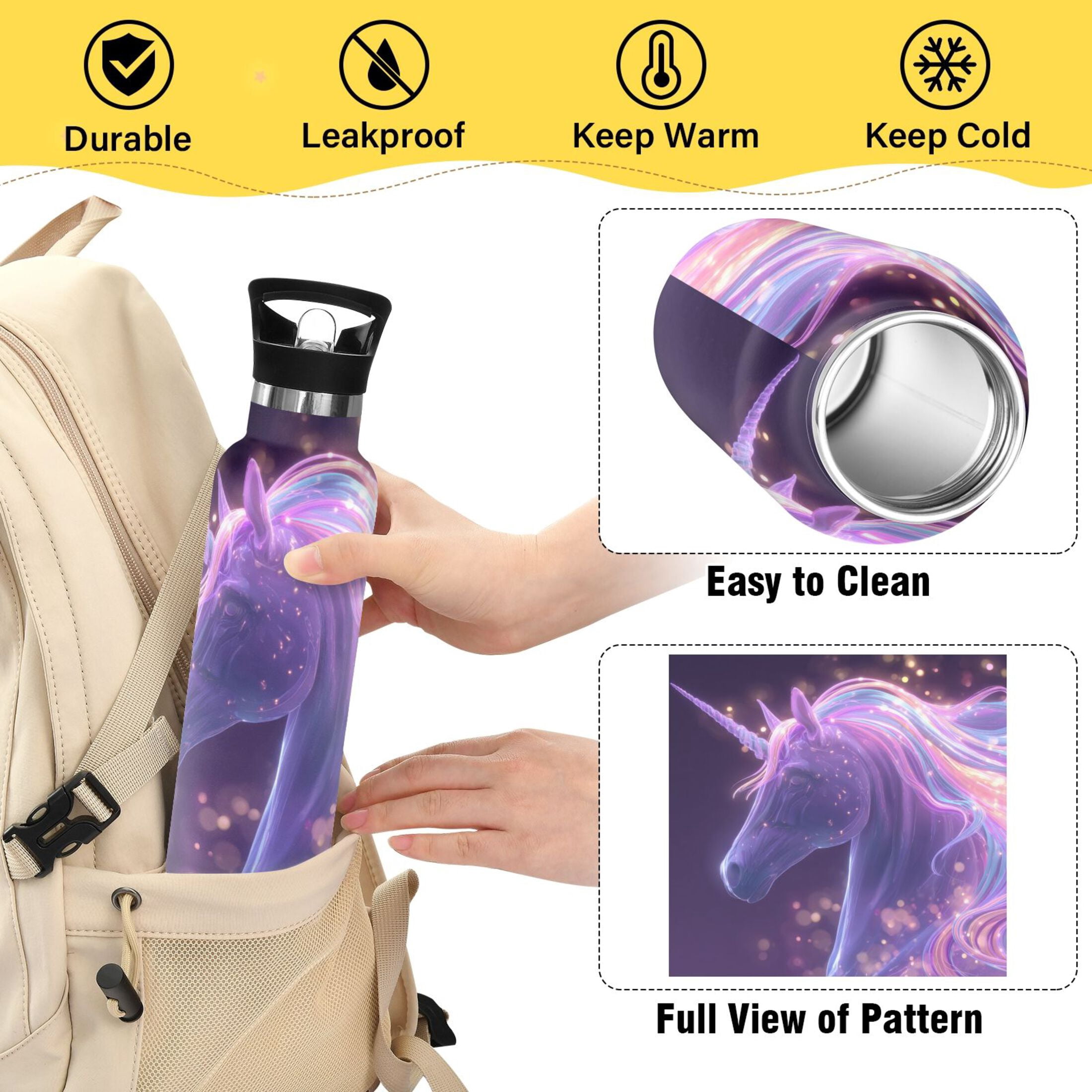 Kids Insulated Stainless Steel Sports Water Bottle 600ml (20oz) Unicorn with Rainbow Mane