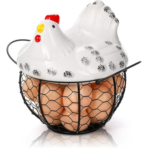 Chicken Egg Basket, Black Wire Egg Collection Baskes with Ceramic Lid for Gathering Fresh Eggs, Chicken Egg Holder, Decorative Farmhouse Cute Eggs Storage Container for Kitchen, Countertop