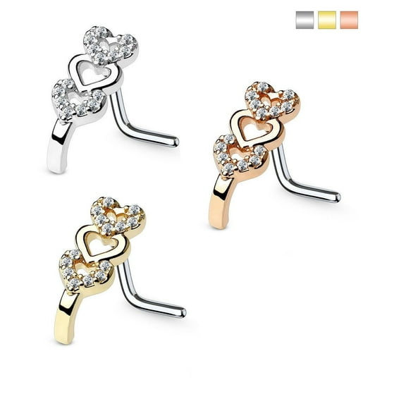 Nose Ring L-Bend 1pc CZ Gem Paved Triple Heart 20g 18G Nose Crawler Stud Screw