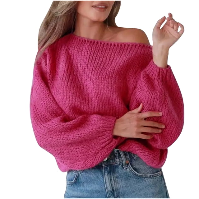 Timegard Sweaters for Women Fall Winter off Shoulder Long Sleeve Solid Color Pullover Cropped Knit Tops