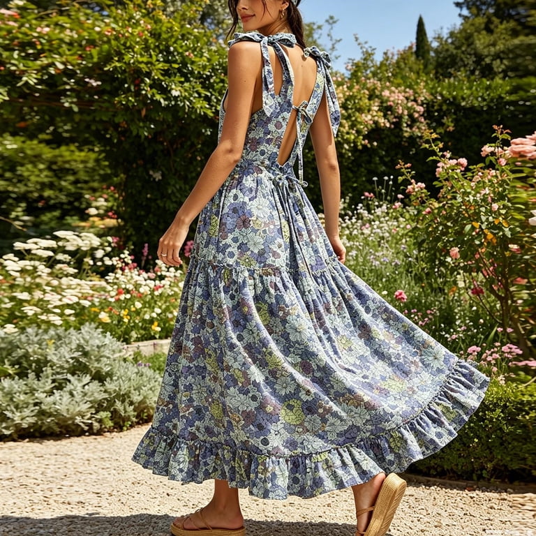 walmart floral maxi dress Yeaiivve Floral Maxi Dress for Women Tie Shoulder Bohemian Summer Dresses Sleeveless Tiered Smocked Flowy Boho Dress Long Ruffle Hem Vacation Sundress