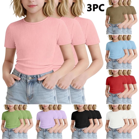 SGFCWSX Girls T Shirt 3 Pack Ribbed Knit Short Sleeve Crew Neck Cropped Slim Fit Casual Soft Basic Kids Daily Wear Tee Tops Pink Size 10