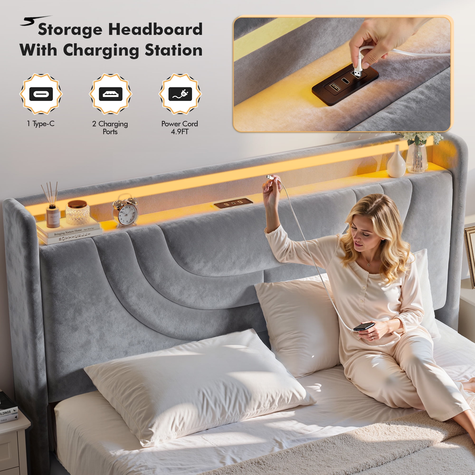 EnHomee Queen Size Lift up Hydraulic Platform Storage Bed Frame with LED Light &Charge Station,Gray