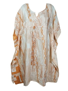 Mogul Women Peach,White Mid Calf Kaftan Dress Beach Coverup Printed Resortwear Loose Holiday Recycle Sari Caftan Dresses 3X