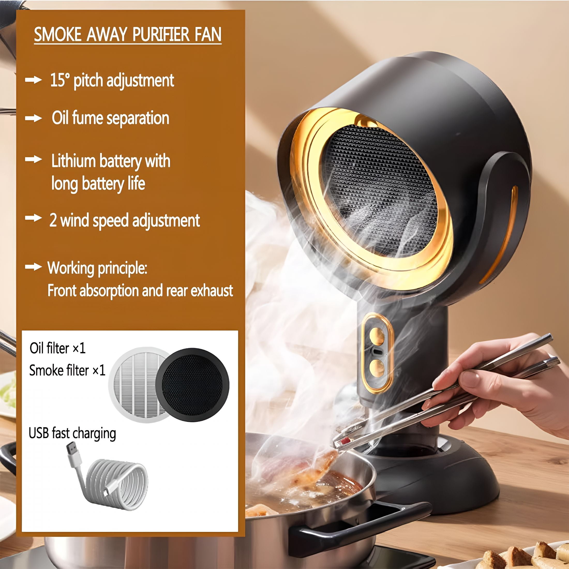HIBIBUD Purifier for Smoking Indoors,Portable Range Hood for Cooking,Detachable Purifier Fan and Washable Smoke Filter for Indoor Bbq,Hot Pot (Black Gold)