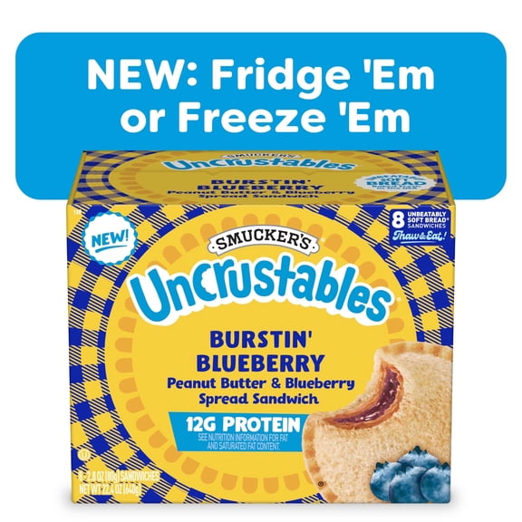 Smucker’s Uncrustables Burstin' Blueberry Morning Protein Snacks, Peanut Butter & Blueberry Spread Sandwiches on Wheat Bread, 8 Count, 2.8 oz Each, Frozen