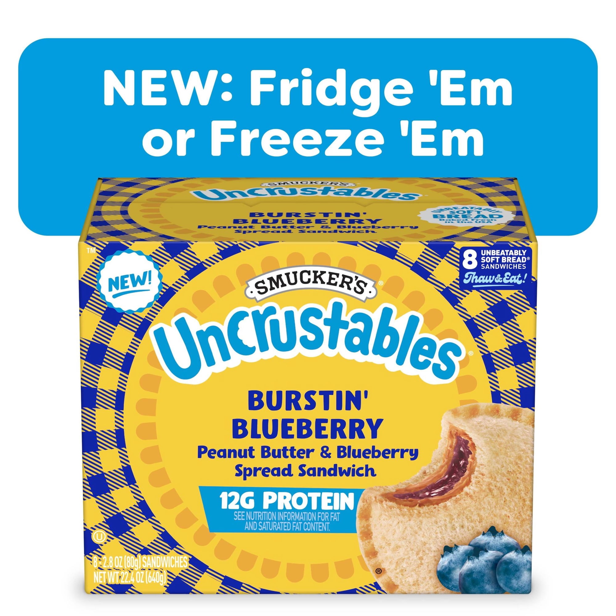 Smucker’s Uncrustables Burstin' Blueberry Morning Protein Snacks, Peanut Butter & Blueberry Spread Sandwiches on Wheat Bread, 8 Count, 2.8 oz Each, Frozen