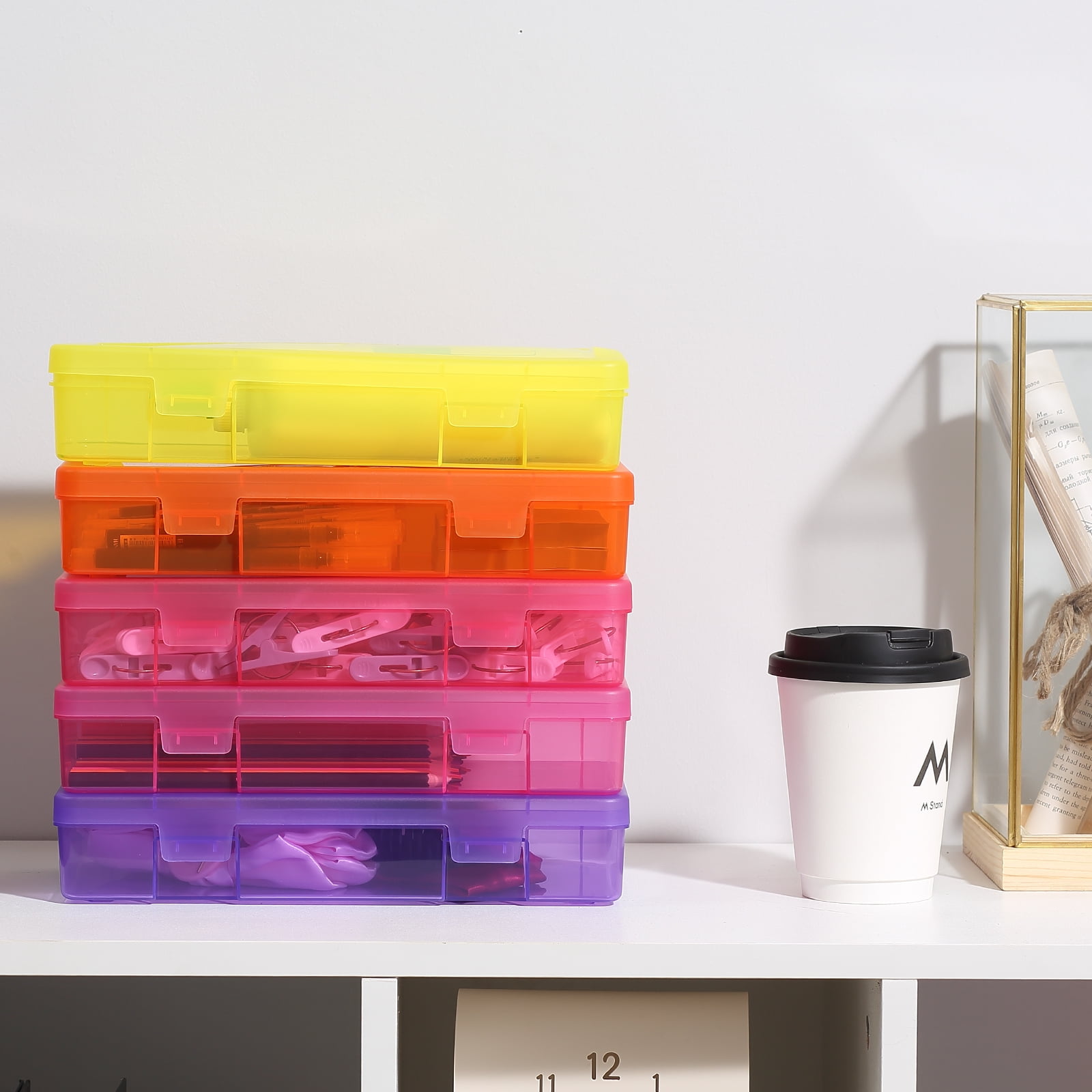 Novelinks 9 Pack Medium Stackable Plastic Storage Box Containers Clear Hobby Art Craft Organizer Rectangle Box for Pencil Box Lego Crayon Beads Jewelry ,Colorful