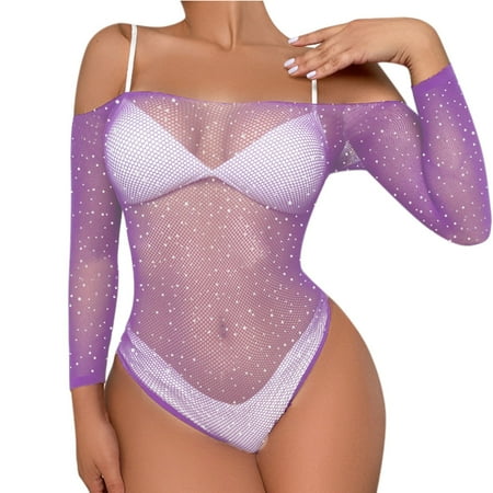 Midwennn Women s Solid Drilling Lingerie Siamese Fishnet Bodysuit Rhinestone Sexy Mesh Lingerie Jumpsuit Sexy Rhinestone Lingerie Shapewear Bodysuits for Women
