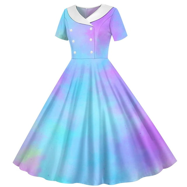 Zpanxa Robes d'Été pour Filles Imprimé Dégradé Manches Courtes Col Rabattu Taille Bouton Robe de Danse Polyester Spandex Bleu Clair 7 Ans