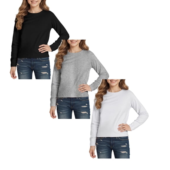 ibiyuan 3 Pack Girls Long Sleeve Shirts Cotton Ribbed Tops Crewneck Layering Slim Fit Uniform Undershirts Teen Basic Tees
