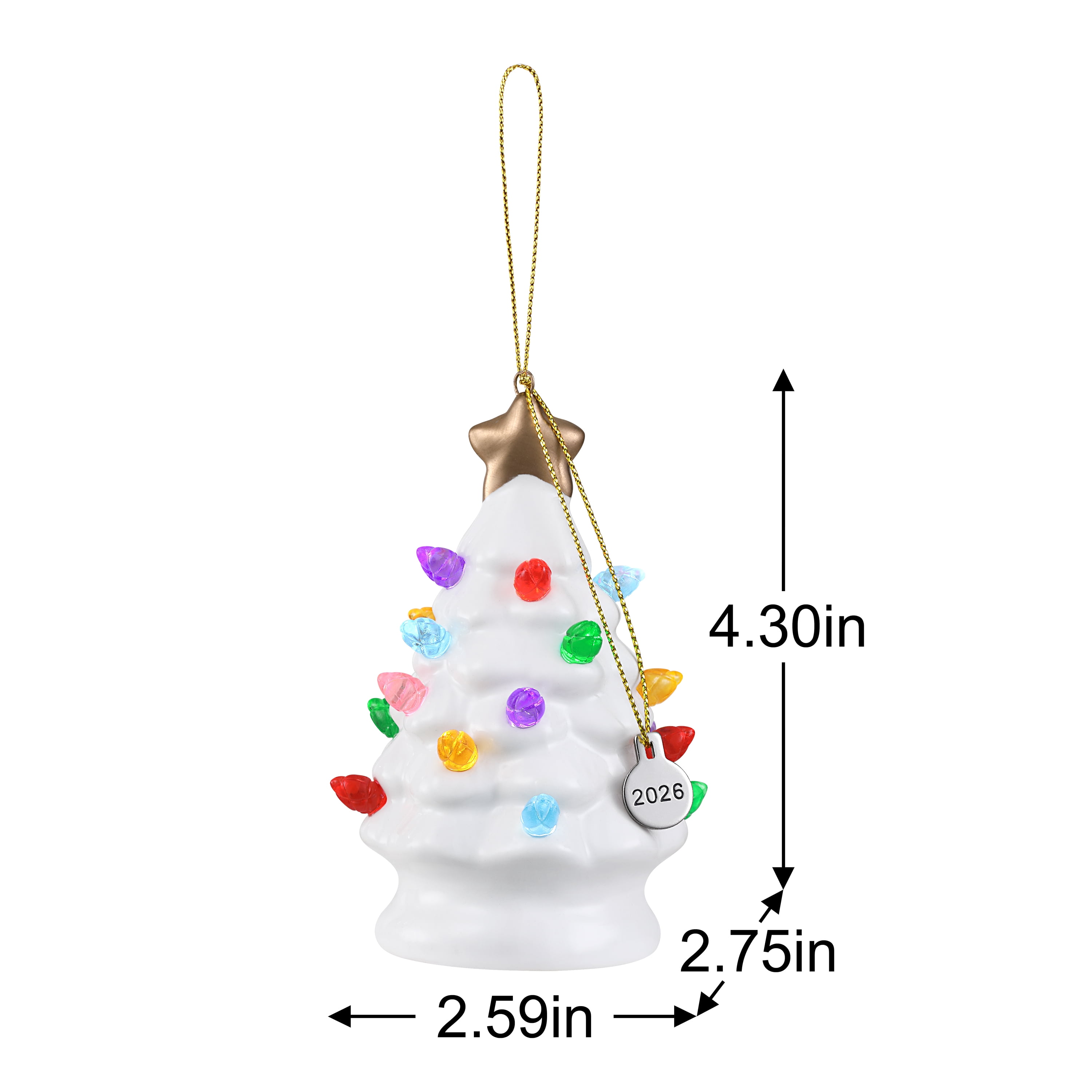 Mr. Christmas 4" Nostalgic Ceramic Lit Tree Ornament Decoration, White with Red & Green Bulbs