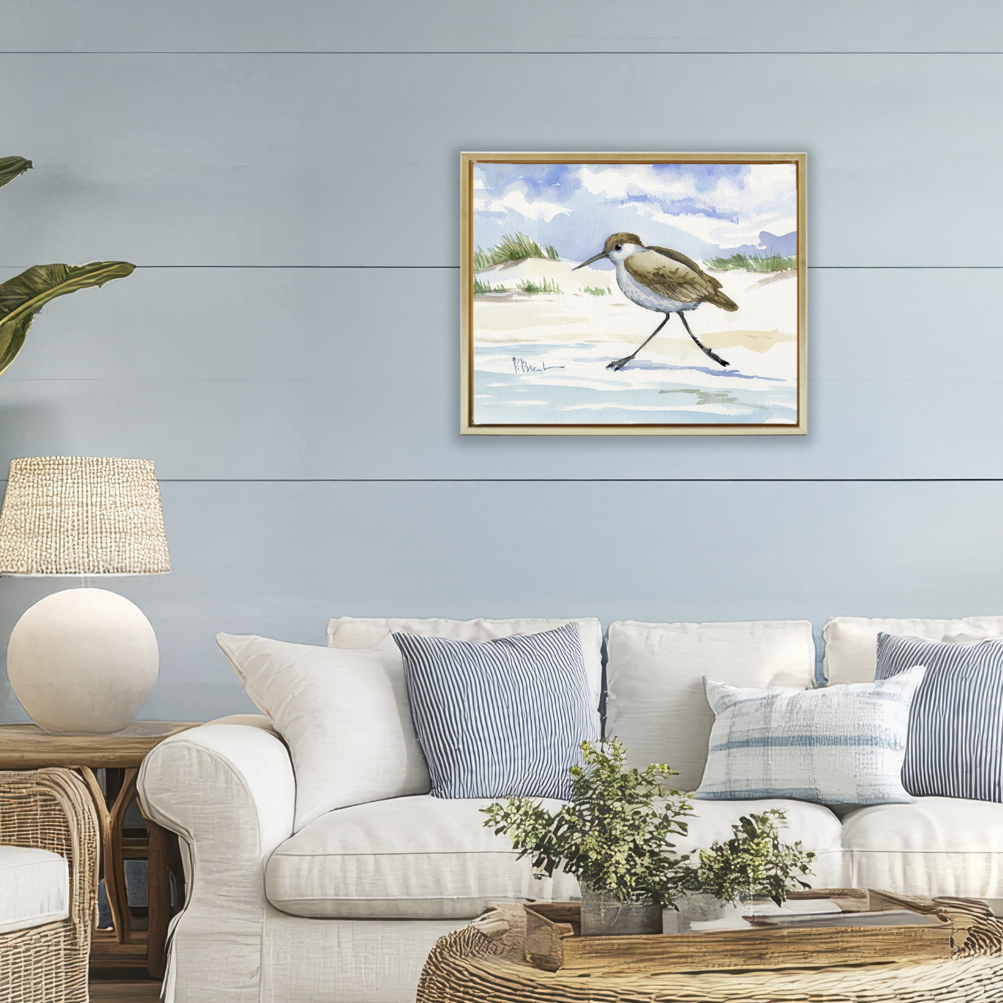 Stupell Industries Inlet Beach Sandpiper Running Gold Framed Floater Canvas Wall Art, design by Paul Brent