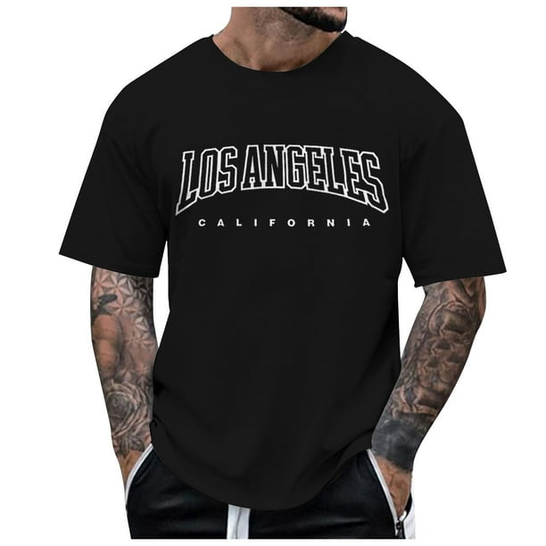 Camiseta informal de manga corta con estampado de letras para hombre, cuello redondo, poliéster y spandex, estilo informal, fácil de combinar con vaqueros y pantalones cortos