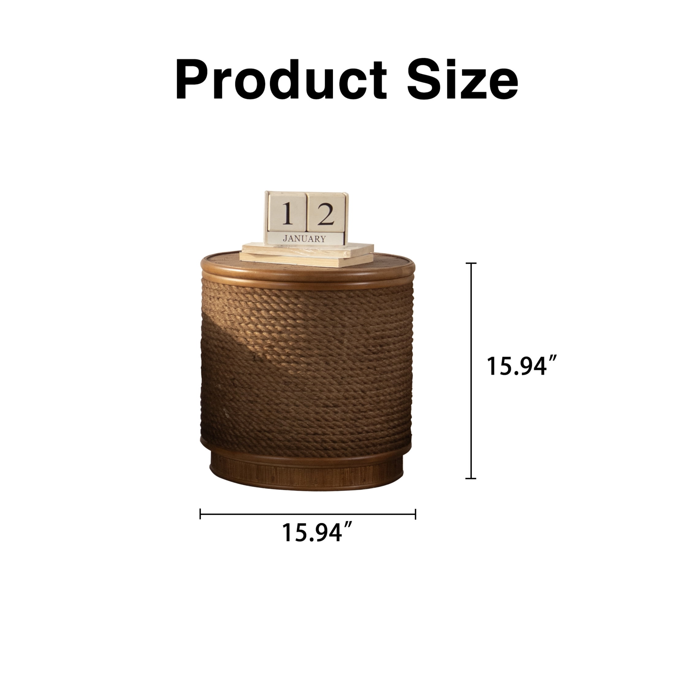 Noble House 16" Round Rattan Storage Coffee Table with Lift-Off Lid and Hand-Woven Rope Trim, Boho-Chic, Natural Wood