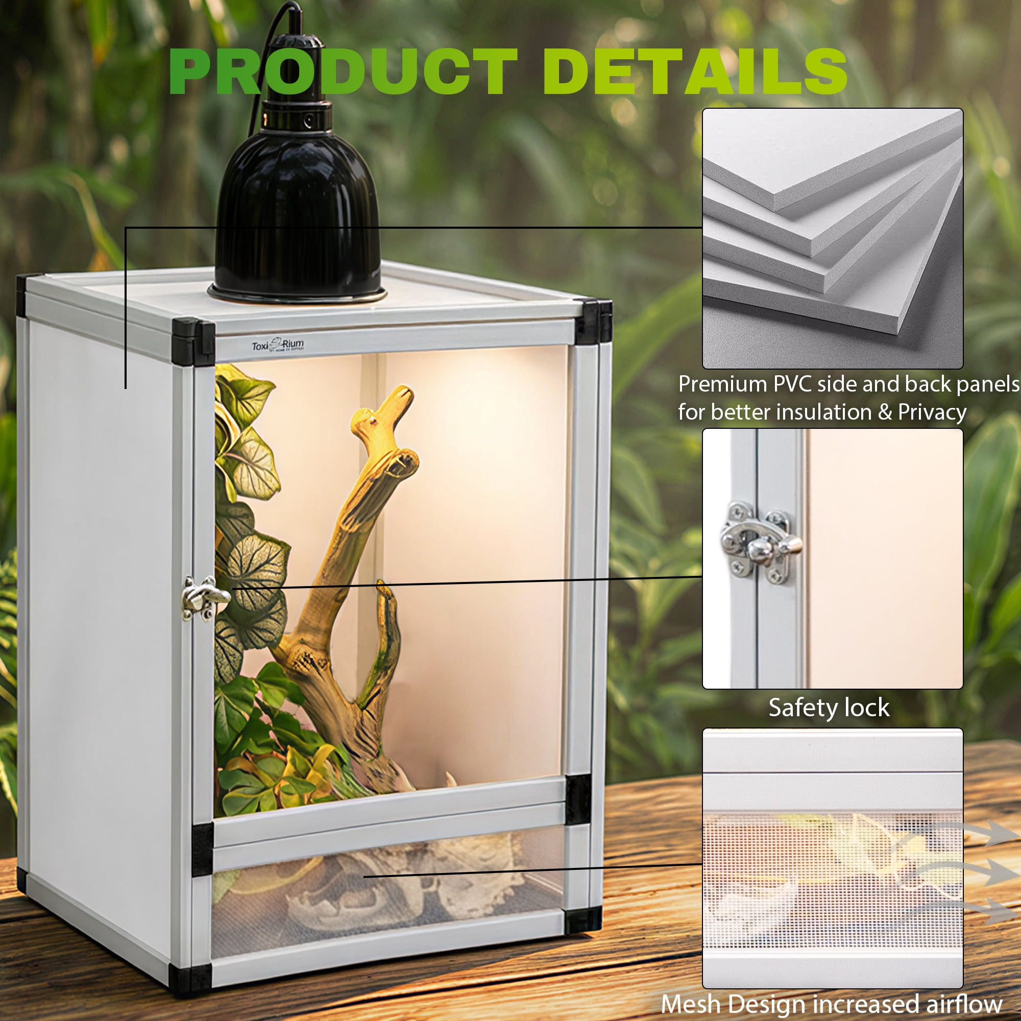 Toxirium 18x18x36 inch Hybrid PVC Reptile Terrarium with Interchangeable Acrylic and Mesh Doors for Geckos, Chameleons and Tree Frogs