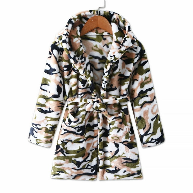 Hiiyo Toddler Girl's Flannel Bathrobe Leopard Hooded Sleepwear Robe Thicken Warm Homewear