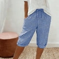 thumbnail image 2 of oelaio Bermuda Shorts for Women Knee Length Plaid Summer Shorts Drawstring High Waisted Linen Shorts with Pockets Blue L, 2 of 7