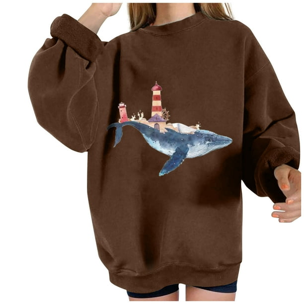 Sudadera extragrande de lana de manga larga con cuello redondo y estampado de océano salvaje para mujer Fridja fhghd237