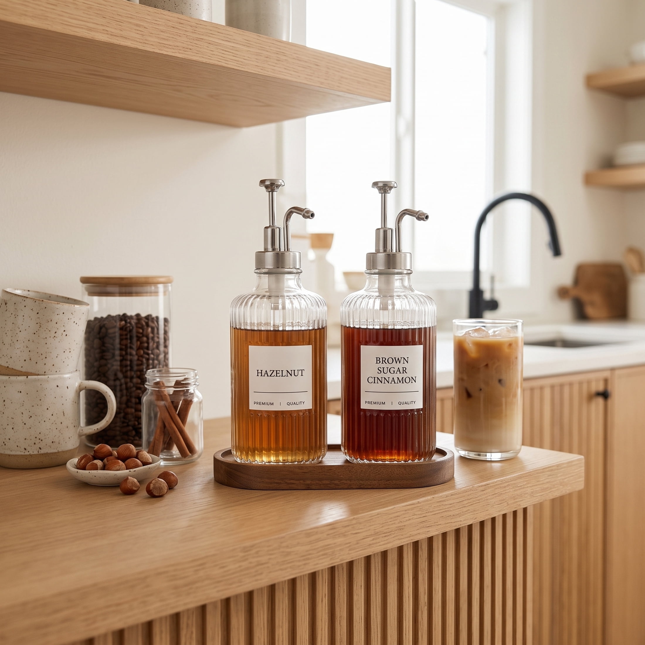 Cook with Color Ribbed Glass Syrup Dispenser Set with Wooden Base, 2-Pack