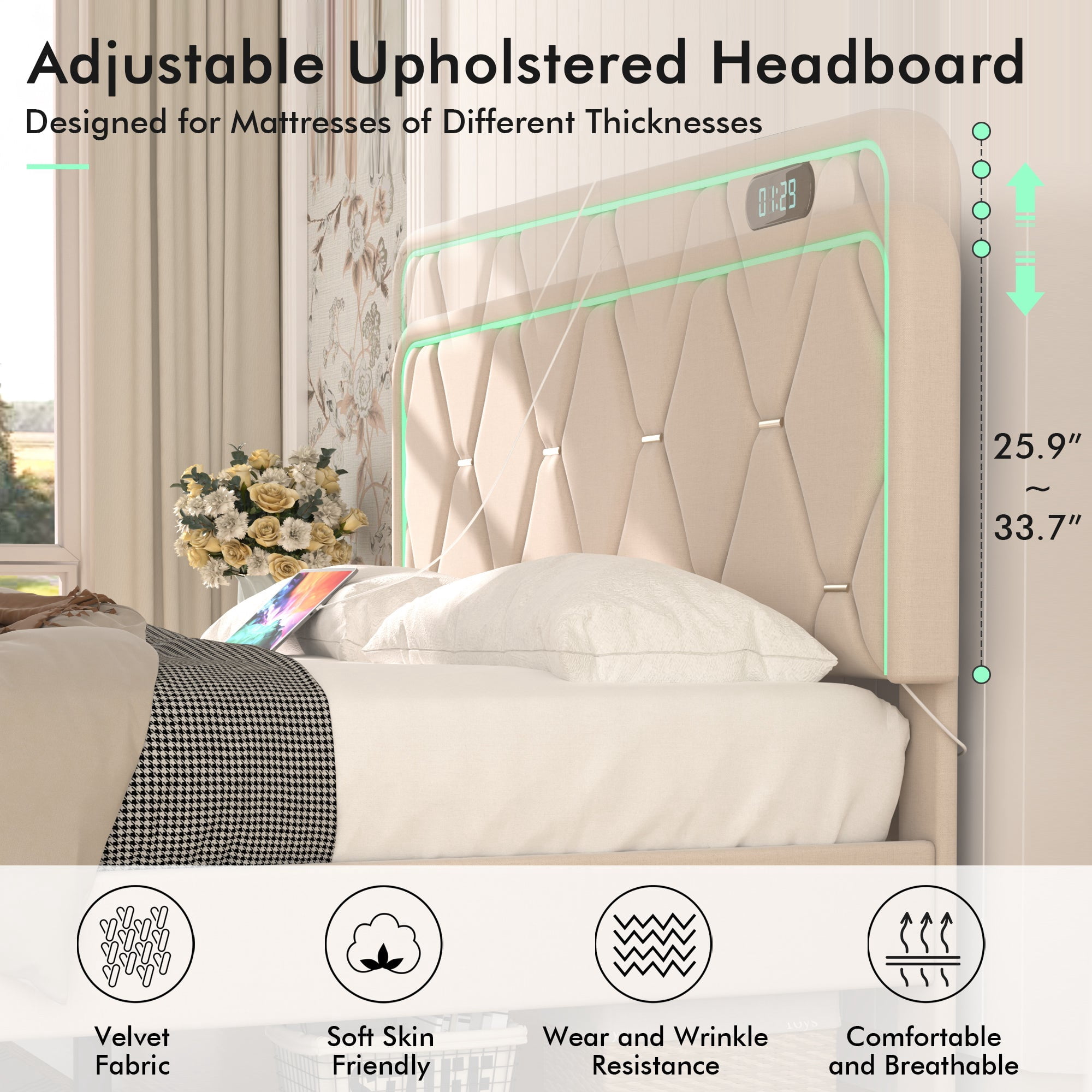 VECELO Upholstered Queen Bed Frame with Headboard Adjustable, Velvet Platform Bed with LED Lights, Charging Station, Mattress Foundation with Wooden Slats, Noise Free, No Box Spring Needed, Beige