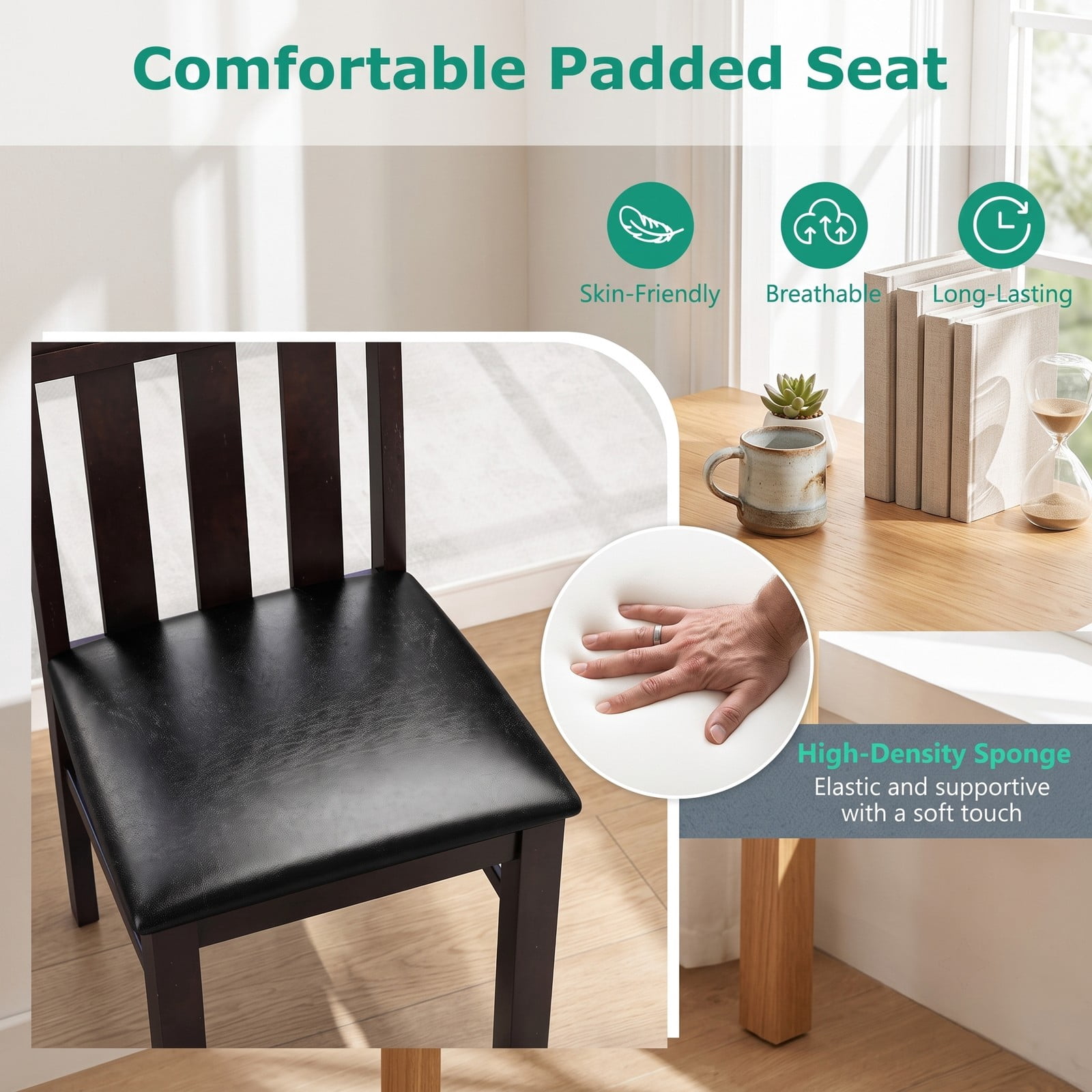 Furnibear Dining Chairs Set of 2, High Back Upholstered Kitchen Chairs with Rubber Wood Legs, PU Leather & Faux Linen Padded Dining Room Chairs, 330 lbs Capacity, Brown